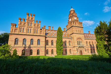 Chernivtsi National University. Metropolitans wing of ex Residence of Bukovinian and Dalmatian ones. Byzantine and Moorish architecture. Postcard style. Outdoor shotの写真素材