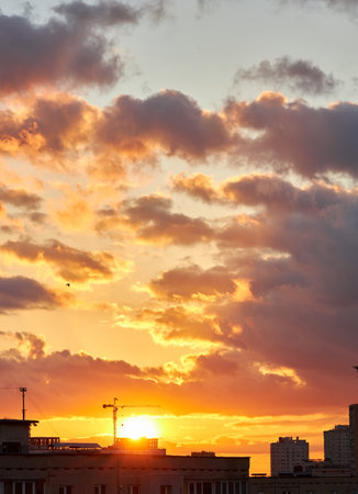 A stunning sunset fills the sky with vibrant shades of orange, yellow, and purple. The silhouetted rooftops and buildings contrast with the fiery clouds, creating a dramatic and colorful urban scene.の写真素材