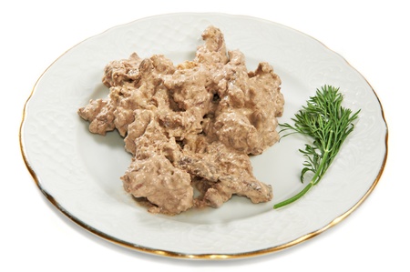 Beef liver baked in sauce with fennel on plate isolated on white background
の写真素材