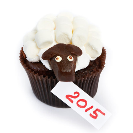 Cupcake lamb with marshmallow as simbol 2015 new years isolated on white background