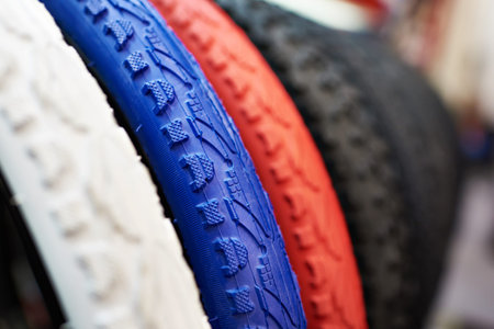 New bicycle tires with different color tread close-up