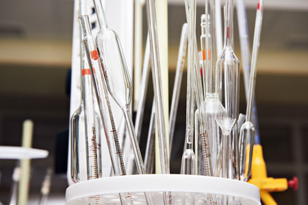 Measuring glass tubes for experiences in chemistry laboratoryの写真素材