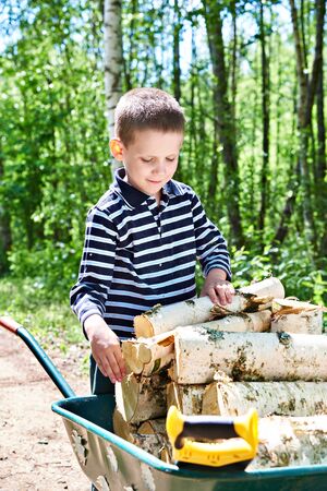 Little boy carries firewood from the forest rural roadの写真素材