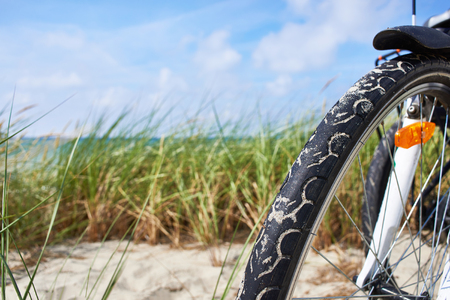 Wheel of bicycle tourist travel in nature on a sunny dayの写真素材