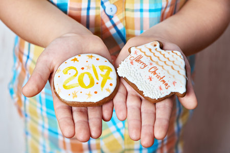 Christmas cookies with frosting and the number 2017 in the palms of the child