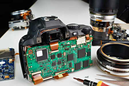 Broken digital SLR camera in repair on service center closeupの写真素材