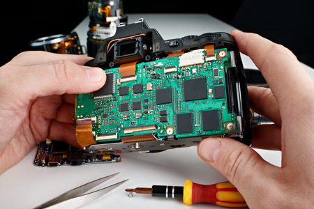 Repair broken photo DSLR camera in service center closeup