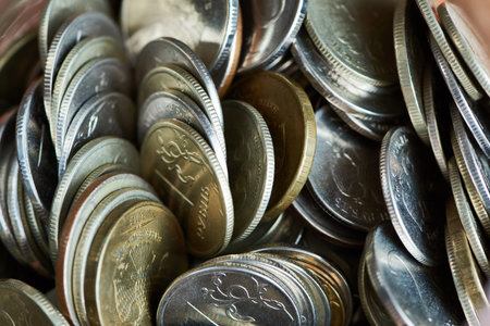 Coins rubles in a glass jar. Top view