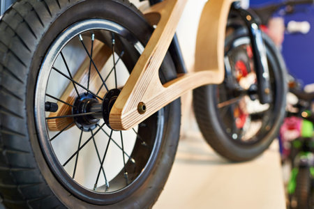 Wooden balance bicycle or run bike closeup