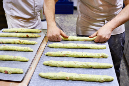Roll out the dough before baking bread in a bakery