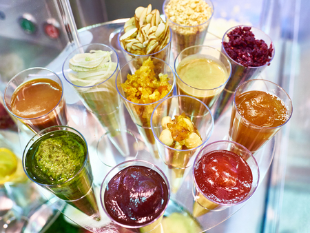 Sweet fruit and nut additives for baking. Top viewの写真素材