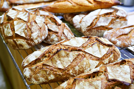 Fresh rye bread in bakery closeup
