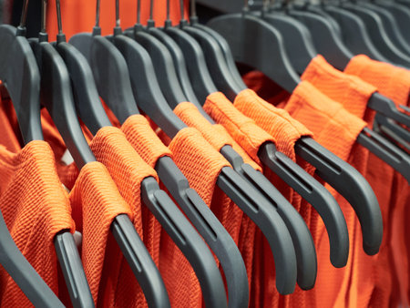 Orange dresses on hangers in the storeの写真素材