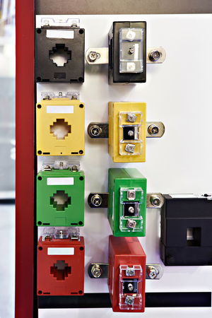 Electric current transformers on showcase in storeの写真素材