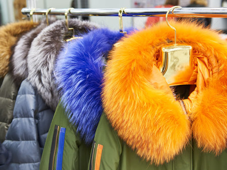 Winter jackets with colored fur collars in the clothing store