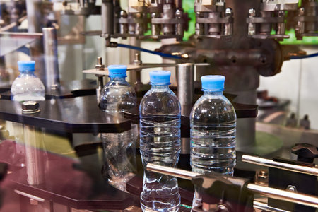 Line of bottling beverages in plastic bottles on factory