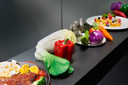 Artificial models of foods in the storefrontの写真素材