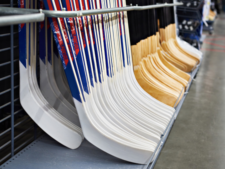 Hockey sticks in a sports shopの写真素材