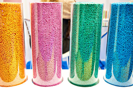Colorful plastic granular polymer in glass flasks