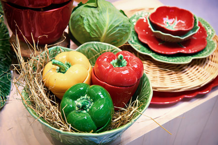 Tableware and vegetables cabbage and bell pepperの写真素材