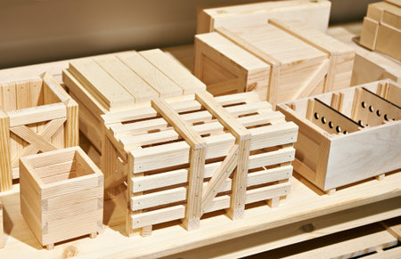 Wooden boxes for drinks and food in store