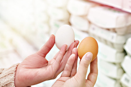 Hands of a woman with white and brown eggs in the store