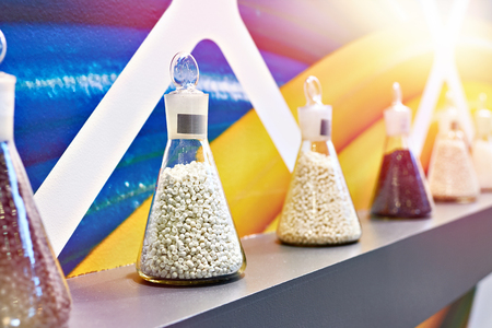 Plastic granular polymer. Samples in flasksの写真素材