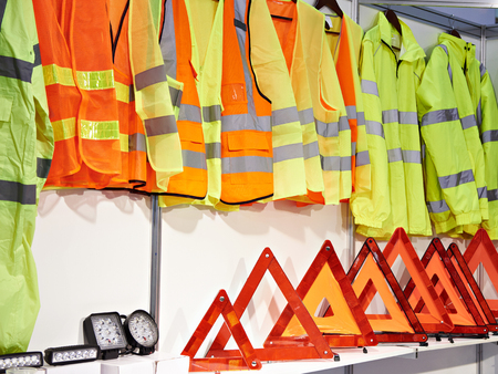 Reflective vests for drivers and plastic red emergency stop sign for carの写真素材