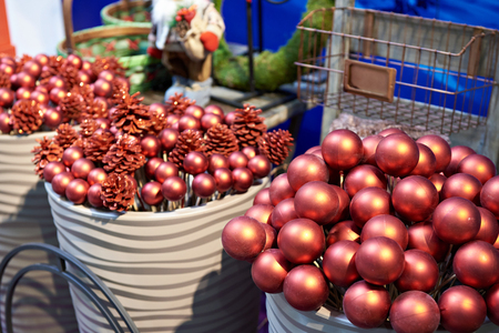 Decorative red balls for Christmas in the storeの写真素材