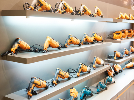 Drills on shelves in hardware storeの写真素材