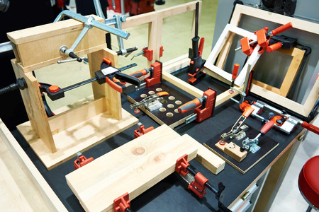 Workbench and modern carpentry toolsの写真素材