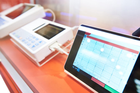 Modern electrocardiographs on exhibition store