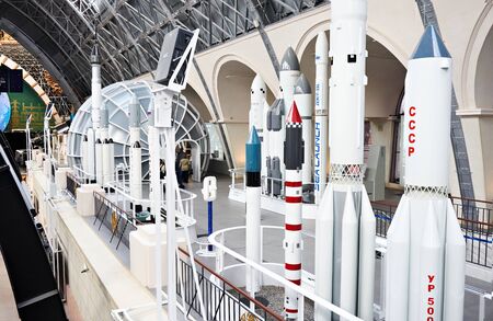 Exhibition VDNH, Space pavilion, MOSCOW, RUSSIA - Jan 07, 2019: Space rocket models in the museumのeditorial素材