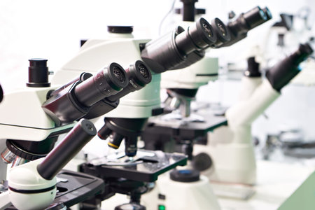 Optical microscopes in the store at the exhibition