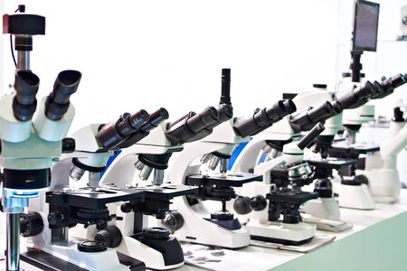 Optical microscopes in the store at the exhibitionの写真素材