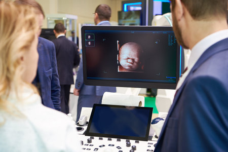 Visitors and ultrasound equipment in the clinic