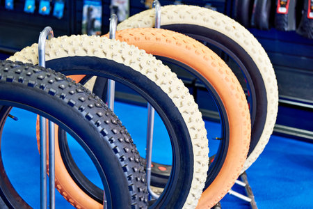 Fat bicycle tires an assortment in the store