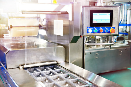 Roll of packaging film on the machine food factory