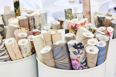 Rolls of wallpaper in barrelsの写真素材