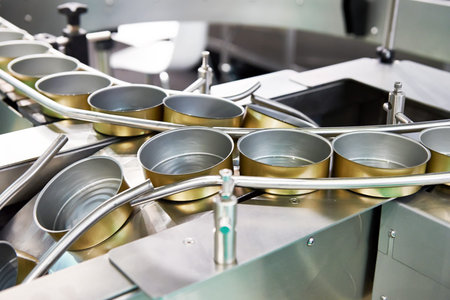 Empty cans on the conveyor of a food factory