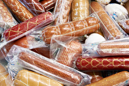 Pile of sausages in plastic vacuum packsの写真素材