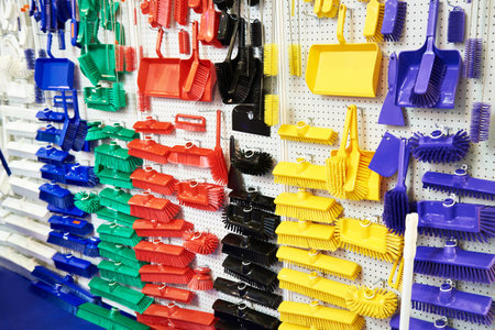 Plastic household brushes in the hardware storeの写真素材