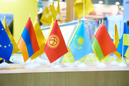 Flags of the countries of the Eurasian region at the business exhibitionの写真素材