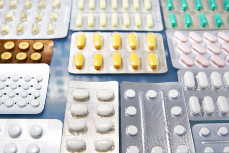 Pills in plastic blisters in a store