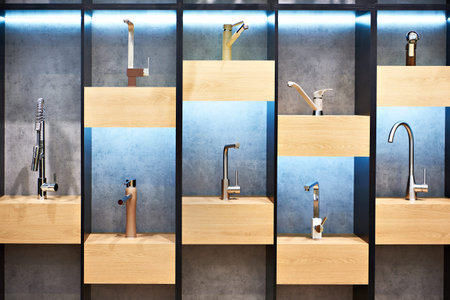 Exhibition of kitchen taps in the storeの写真素材