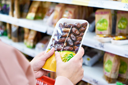 Woman with dried dates in storeの写真素材