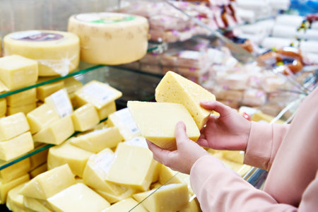 Hands with a pieces of cheese in supermarketの写真素材