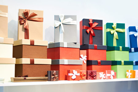 Gift boxes with ribbons on a store shelf