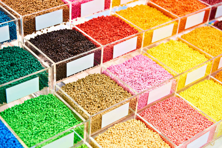 Colorful plastic granular polymer on exhibition
