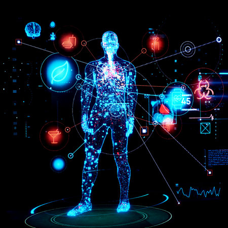 Digital image of human body and medicine symbols on black